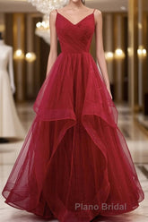 Elegant V Neck Open Back Sequins Burgundy Long Formal Prom Dress, Shiny Burgundy Formal Dress, Fluffy Burgundy Evening Dress