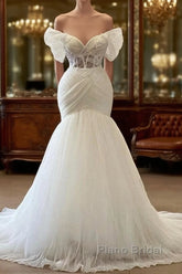 Elegant White Long Mermaid Off the Shoulder Tulle Lace Wedding Dresses