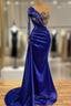 Elgeant Royal Blue One Shoulder Mermaid Formal Prom Dresses with Sleeves