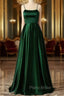 Emerald Green Formal Prom Dresses, Strappy Back Slit Simple Satin Formal Prom Dresses