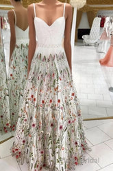 White Straps Floor Length Long Formal Prom Dresses with Lace Flowers Prom Dresses