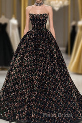 A Line Sparkly Sequin Long Formal Prom Dresses, Gorgeous Strapless Long Evening Dresses