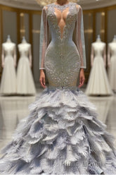 Fabulous Long Mermaid V-neck Sequined Beading Feather Tulle Formal Prom Dresses with Sleeves