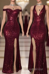 Long Mermaid Burgundy Sequin Formal Prom Dresses Glitter Split Evening Gown