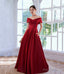 Burgundy satin long prom dress A line evening dress