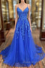 A-line Spaghetti Straps Sweep Train Tulle Formal Prom Dresses With Lace Appliqued