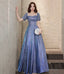 Blue satin long prom dress A line evening dress