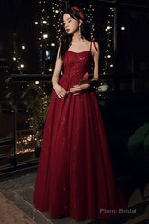 Burgundy tulle sequins long prom dress evening dress