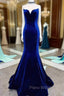 Fitted Mermaid Royal Blue Velvet Formal Prom Dresses With Bow