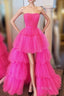 Fuchsia A-line High Low Strapless Tulle Formal Prom Dresses with Ruffles