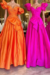 Fuchsia A Line Long Formal Prom Dresses with Puff Sleeves