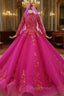Fuchsia Ball Gown High Neck Long Sleeve Appliques Beading Wedding Dresses