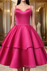 Fuchsia Satin Homecoming Dress Sweetheart Neck Tiered Short Graduation Dresses