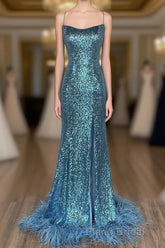 Long Sequined Blue Straps Formal Prom Dresses with Feather Hem