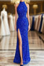 Sequins High Neck Royal Blue Long Party Dresses with Slit