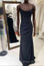 Black Pleated Long Formal Prom Dresses with Spaghetti Straps