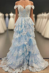 Light Blue Corset Lace Tiered Tulle Long Prom Dresses