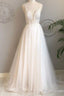 white v neck tulle lace long prom dress