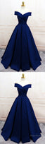 Navy Blue Satin V Neck Off Shoulder Prom Dresses, Long Evening Gowns