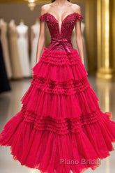 Off the Shoulder Red Appliques Tiered Long Prom Dresses