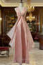Gentle Pink Sheath Chiffon Ribbon V-Neck Simple Formal Prom Dresses