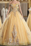 Get Your Discounts Gold Ball Gown Tulle Appliques Beading Off the Shoulder Quinceanera Dresses