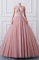 Girls Sequins V neck Dusty Rose Prom Dresses A-line Tulle Ball Gown Quinceanera Dress Sweet 16 Party Dresses