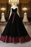 Glam Black V-Neckline Velvet Lace-Up Party Dresses, Black Velvet Floor Length Formal Prom Dresses