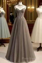 Glam Grey Beaded Tulle Long Formal Dresses Party Dresses, A-Line Straps Formal Dresses