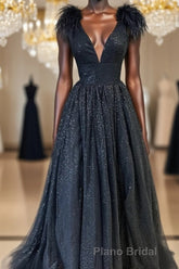 Glitter Feathers V-Neck Empire Waist A-Line Formal Prom Gown,Evening Party Dresses