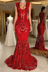 Glittery Long Red Mermaid Sleeveless Formal Prom Dresses Sequin