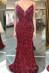 Glittery Mermaid Red Sequin V-Neck Lace-Up Back Formal Prom Dresses Gala Gown