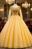 Gold Ball Gown Tulle Sequins Long Sleeve Backless Quinceanera Dresses