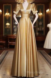 Gold Satin A-Line Short Sleeves Floor Length Party Dresses, Gold Simple Formal Dresses