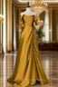 Gold Satin Off Shoulder Long Evening Dresses, Gold Satin Formal Prom Dresses