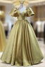 Gold Satin Puff Sleeve V-neck Formal Prom Dresses