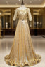 Gold Sequins Short Sleeve Formal Prom Dresses With Belt