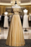 Gold Tulle Beading Sequins Lotus Leaf Sleeve Formal Prom Dresses