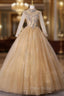 Gold Tulle High Neck Long Sleeve Backless Quinceanera Dresses