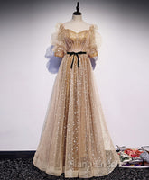 Gold Tulle Long Formal Prom Dresses, A line Gold Formal Graduation Party Dresses