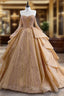Gold Tulle Long Sleeve Sequins Formal Prom Dresses