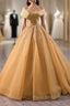 Gold Tulle Off the Shoulder Pleats Formal Prom Dresses