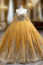 Gold Tulle Sequins Appliques Spaghetti Straps Pearls Formal Prom Dresses
