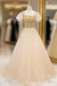 Gold Tulle Sequins Beading Puff Sleeve Formal Prom Dresses