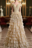 Gold Tulle Sequins Off the Shoulder Tiers Formal Prom Dresses