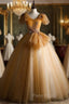 Gold Tulle V-neck Sequins Appliques Quinceanera Dresses