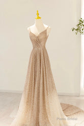 Gold V-Neck Sequins Long Prom Dress, Shiny A-Line Evening Formal Dress