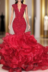 Gorgeous Beads Appliques Red Formal Prom Dresses Ruffles Fit and Flare Alluring Evening Gowns