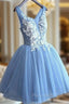 Gorgeous Blue Short Homecoming Dresses V-Neck Lace-Up Hoco Dresses