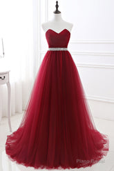 Gorgeous Burgundy Sweetheart Long Prom Dress Tulle Crystal Evening Gown